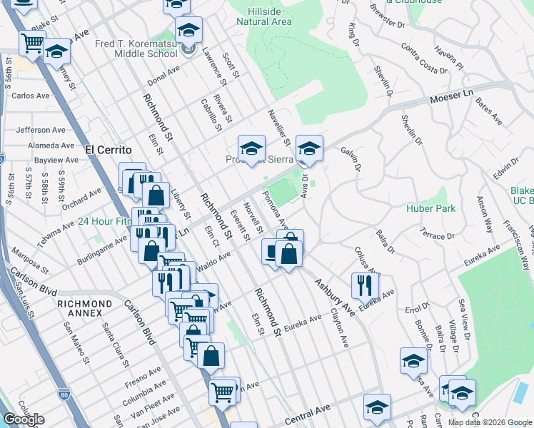 map of restaurants, bars, coffee shops, grocery stores, and more near 7201 Waldo Avenue in El Cerrito
