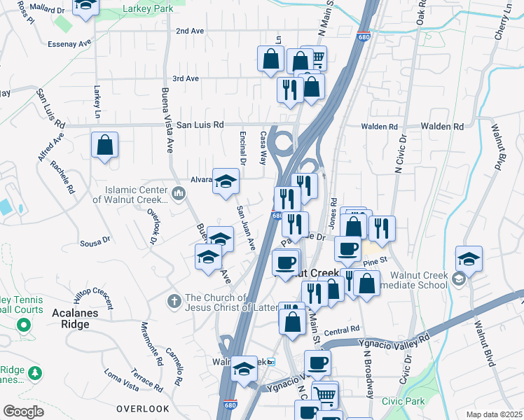 map of restaurants, bars, coffee shops, grocery stores, and more near 54 Kuhl Court in Walnut Creek