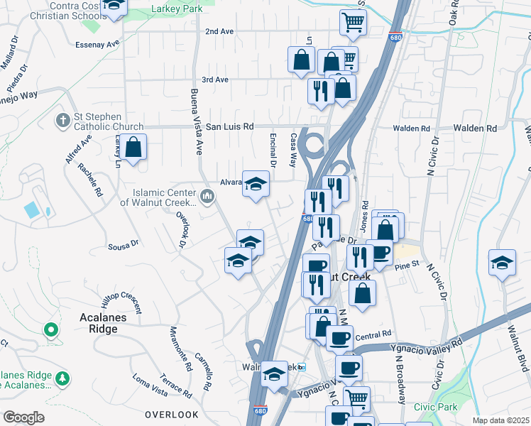 map of restaurants, bars, coffee shops, grocery stores, and more near 2355 San Juan Avenue in Walnut Creek