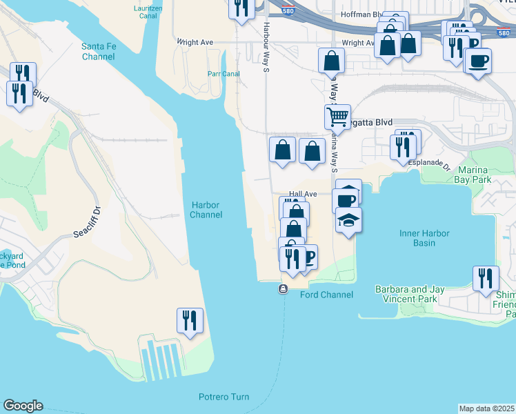 map of restaurants, bars, coffee shops, grocery stores, and more near 1411 Harbour Way South in Richmond