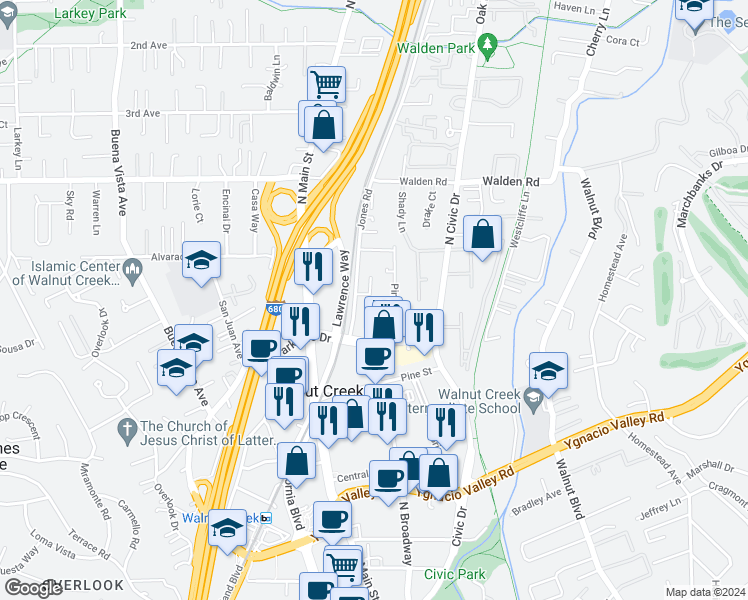 map of restaurants, bars, coffee shops, grocery stores, and more near 538 Churchill Downs Court in Walnut Creek