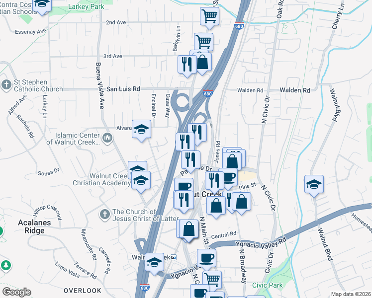 map of restaurants, bars, coffee shops, grocery stores, and more near 2355 North Main Street in Walnut Creek