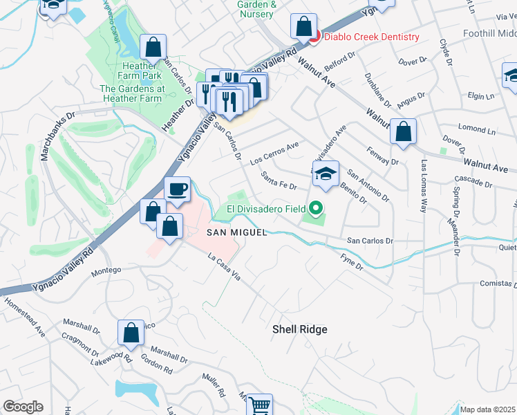 map of restaurants, bars, coffee shops, grocery stores, and more near 10 San Ardo Court in Walnut Creek