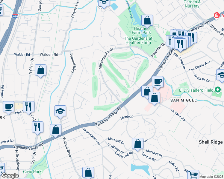 map of restaurants, bars, coffee shops, grocery stores, and more near in Walnut Creek