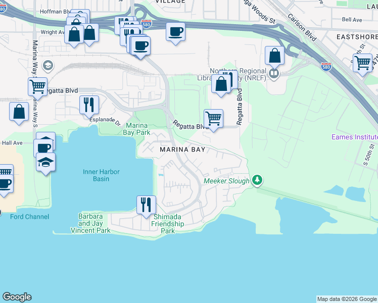 map of restaurants, bars, coffee shops, grocery stores, and more near 12 Marina Lakes Drive in Richmond