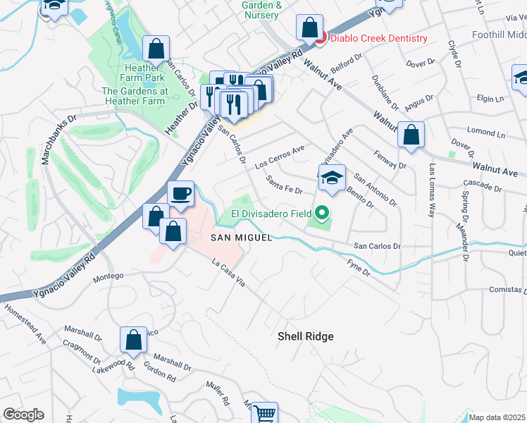 map of restaurants, bars, coffee shops, grocery stores, and more near 10 San Ardo Court in Walnut Creek