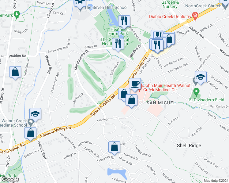 map of restaurants, bars, coffee shops, grocery stores, and more near 101 Kinross Drive in Walnut Creek
