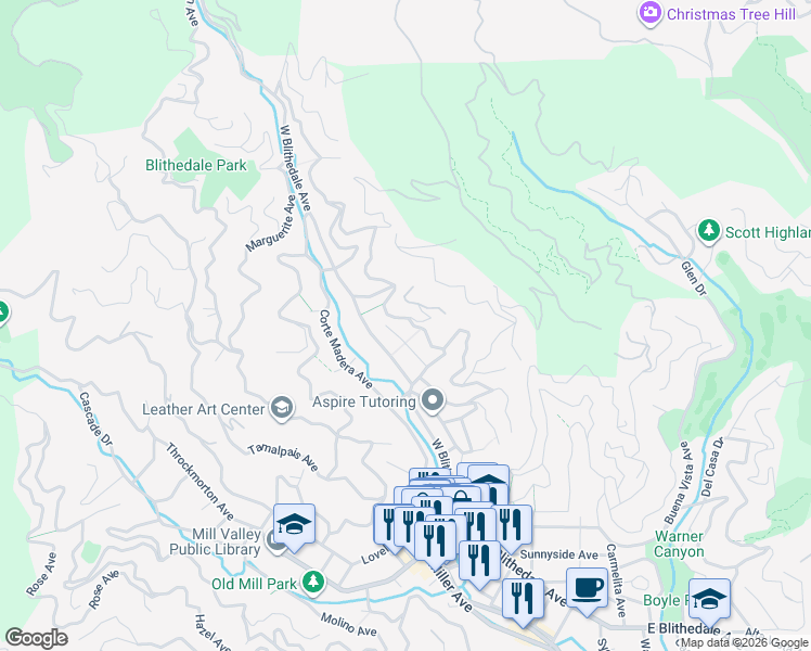 map of restaurants, bars, coffee shops, grocery stores, and more near 133 Eldridge Avenue in Mill Valley