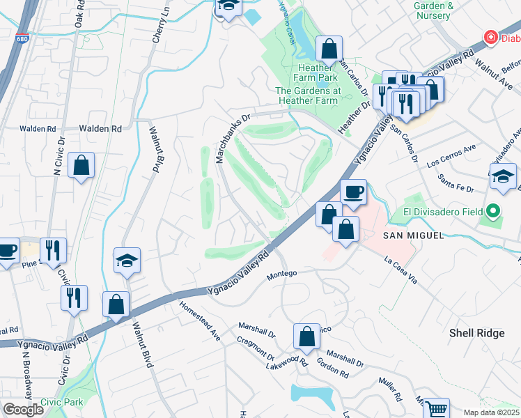 map of restaurants, bars, coffee shops, grocery stores, and more near 1411 Marchbanks Drive in Walnut Creek