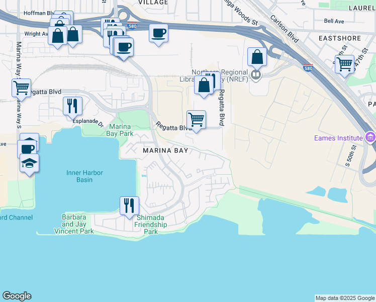 map of restaurants, bars, coffee shops, grocery stores, and more near 59 Marina Lakes Drive in Richmond
