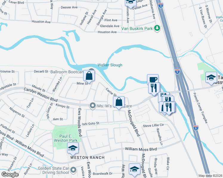 map of restaurants, bars, coffee shops, grocery stores, and more near 1111 Carrie Street in Stockton