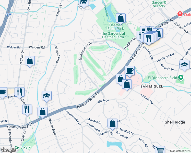 map of restaurants, bars, coffee shops, grocery stores, and more near 1469 Marchbanks Drive in Walnut Creek