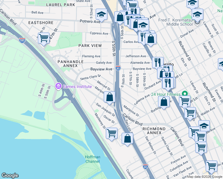 map of restaurants, bars, coffee shops, grocery stores, and more near 1401 Santa Clara Street in Richmond