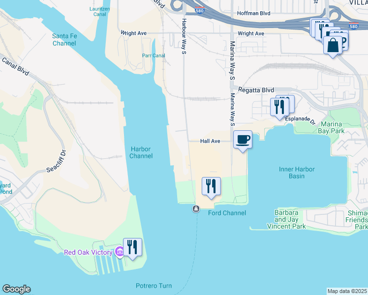 map of restaurants, bars, coffee shops, grocery stores, and more near 1411 Harbour Way South in Richmond