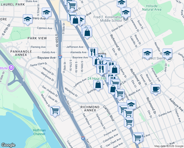 map of restaurants, bars, coffee shops, grocery stores, and more near 6116 Orchard Avenue in Richmond