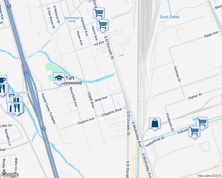 map of restaurants, bars, coffee shops, grocery stores, and more near 3522 Harvey Avenue in Stockton