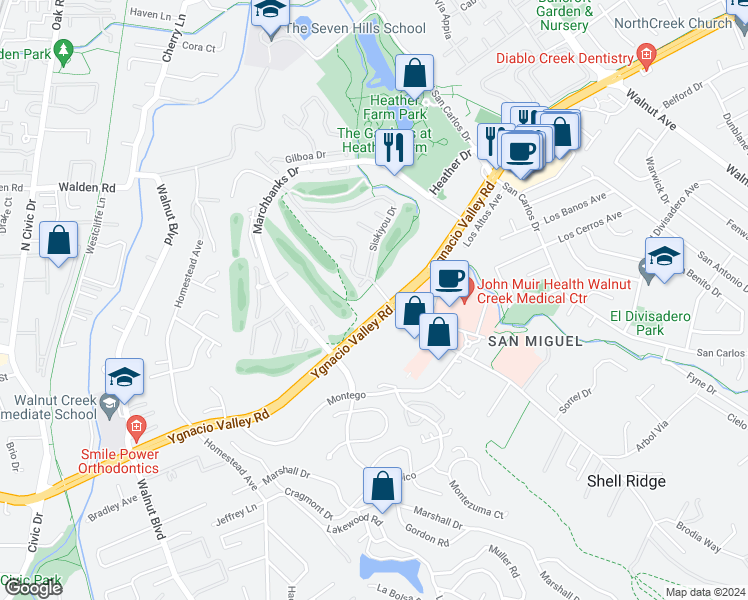 map of restaurants, bars, coffee shops, grocery stores, and more near 1660 Siskiyou Drive in Walnut Creek