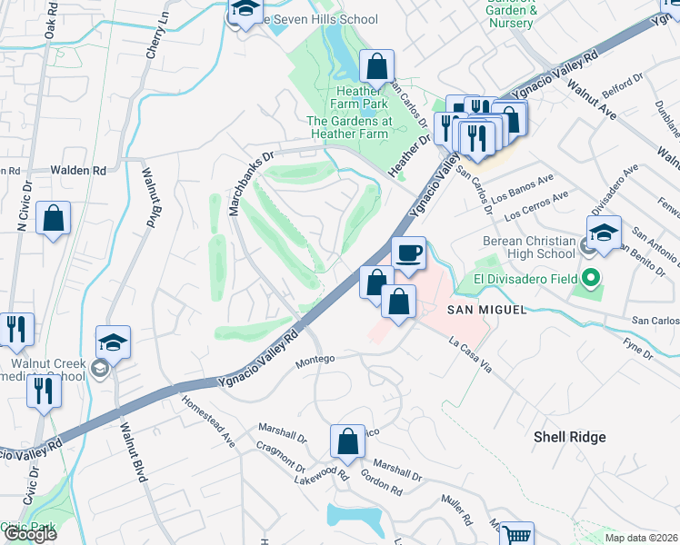 map of restaurants, bars, coffee shops, grocery stores, and more near 1660 Siskiyou Drive in Walnut Creek