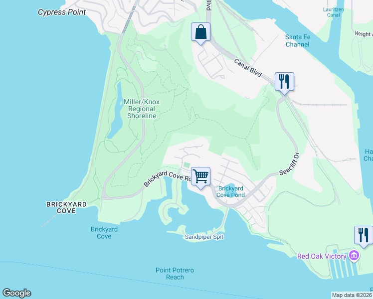 map of restaurants, bars, coffee shops, grocery stores, and more near 1201 Brickyard Way in Richmond