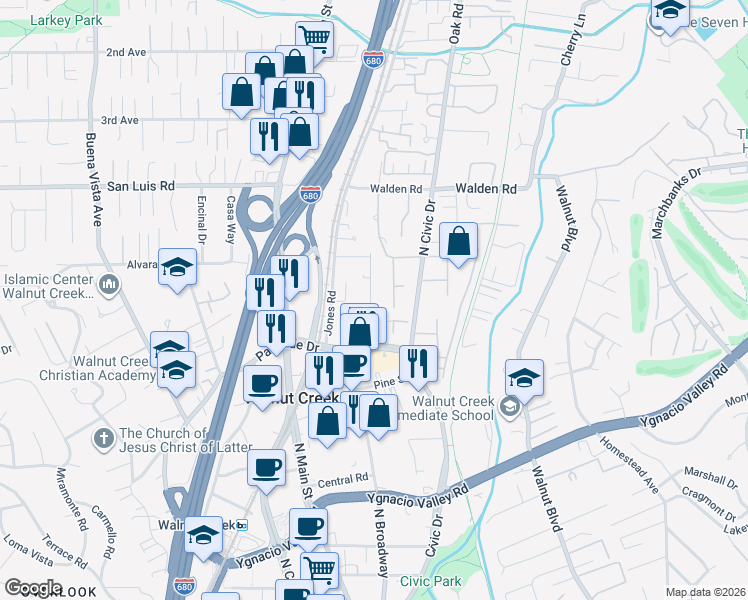 map of restaurants, bars, coffee shops, grocery stores, and more near 311 Pimlico Drive in Walnut Creek