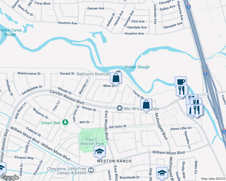 map of restaurants, bars, coffee shops, grocery stores, and more near 1277 Mine Street in Stockton