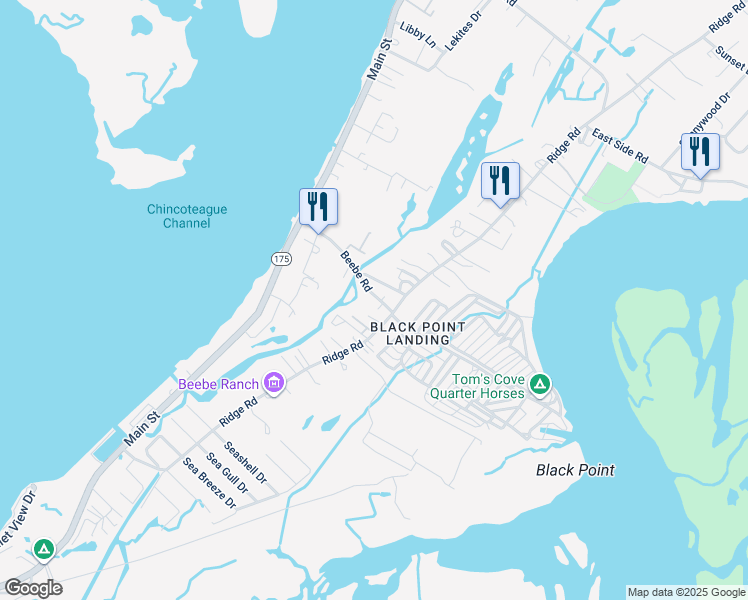 map of restaurants, bars, coffee shops, grocery stores, and more near 7558 Beebe Road in Chincoteague