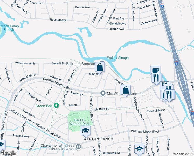 map of restaurants, bars, coffee shops, grocery stores, and more near 1277 Mine Street in Stockton
