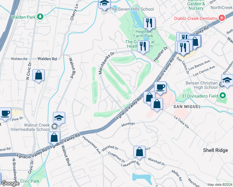 map of restaurants, bars, coffee shops, grocery stores, and more near 1469 Marchbanks Drive in Walnut Creek