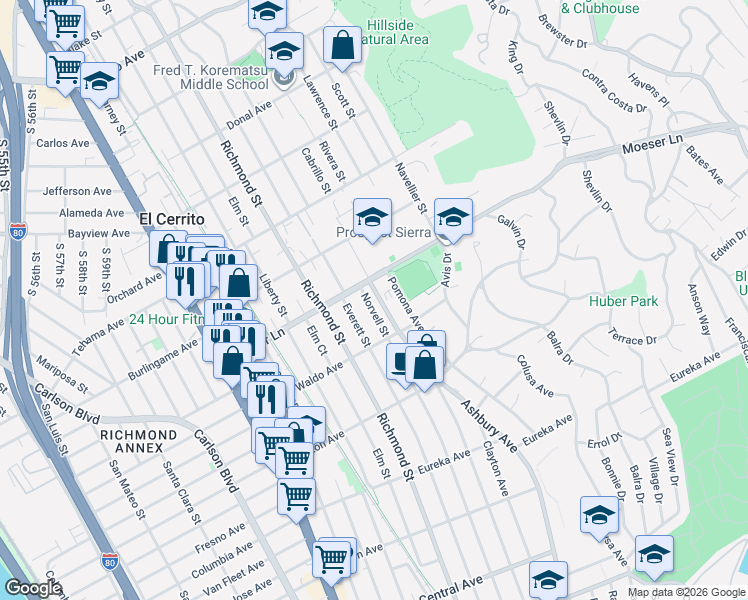 map of restaurants, bars, coffee shops, grocery stores, and more near 7007 Moeser Lane in El Cerrito