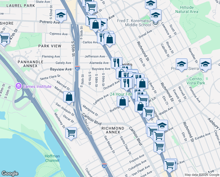 map of restaurants, bars, coffee shops, grocery stores, and more near 5929 Orchard Avenue in Richmond
