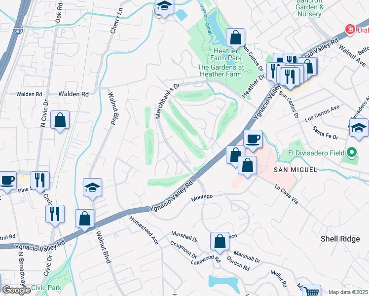 map of restaurants, bars, coffee shops, grocery stores, and more near 1445 Marchbanks Drive in Walnut Creek