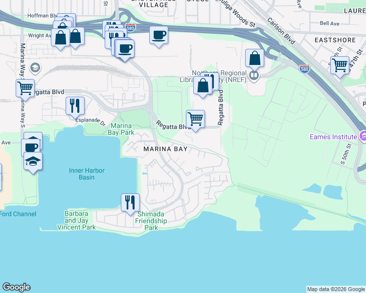 map of restaurants, bars, coffee shops, grocery stores, and more near 59 Marina Lakes Drive in Richmond