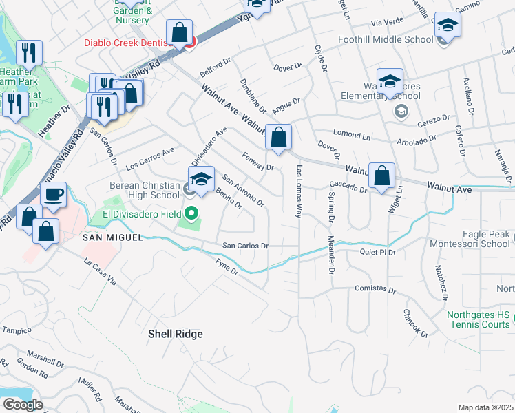 map of restaurants, bars, coffee shops, grocery stores, and more near 2833 San Antonio Drive in Walnut Creek