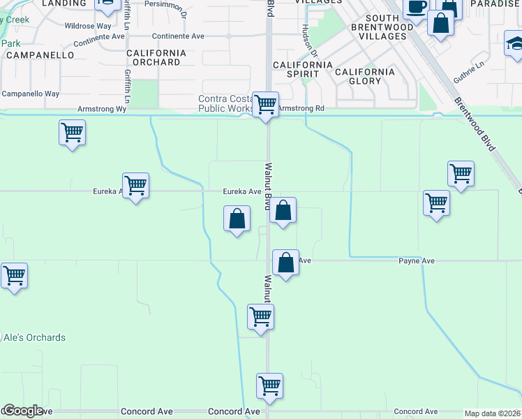 map of restaurants, bars, coffee shops, grocery stores, and more near 2661 Walnut Boulevard in Brentwood