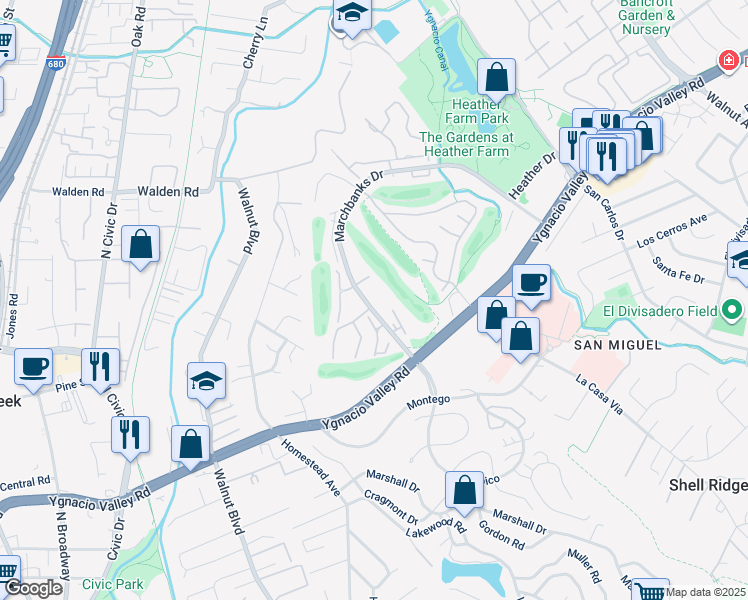 map of restaurants, bars, coffee shops, grocery stores, and more near 1469 Marchbanks Drive in Walnut Creek