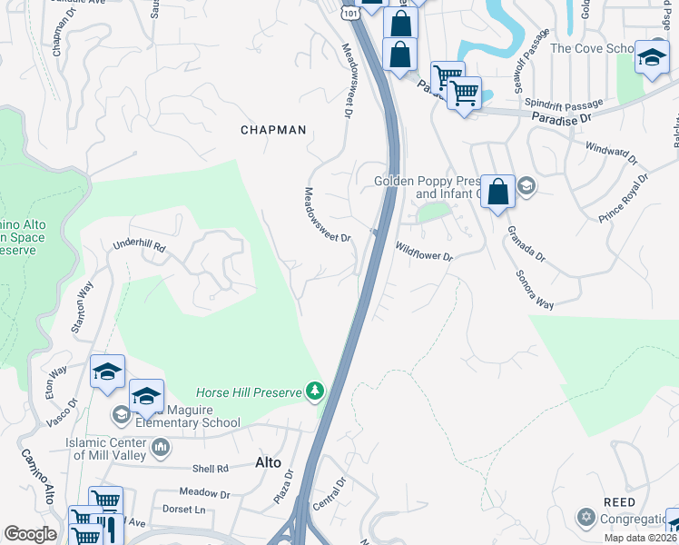 map of restaurants, bars, coffee shops, grocery stores, and more near 1133 Meadowcrest Drive in Corte Madera