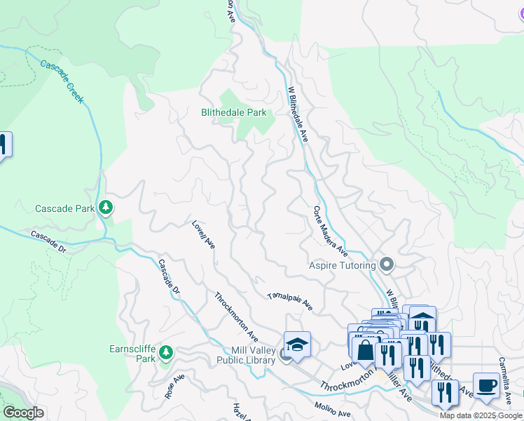 map of restaurants, bars, coffee shops, grocery stores, and more near 200 Marguerite Avenue in Mill Valley