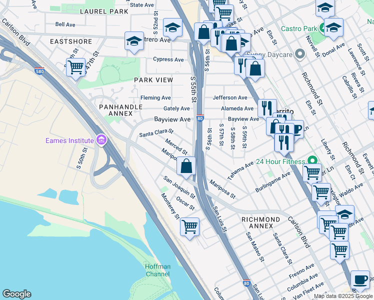 map of restaurants, bars, coffee shops, grocery stores, and more near 1424 Merced Street in Richmond