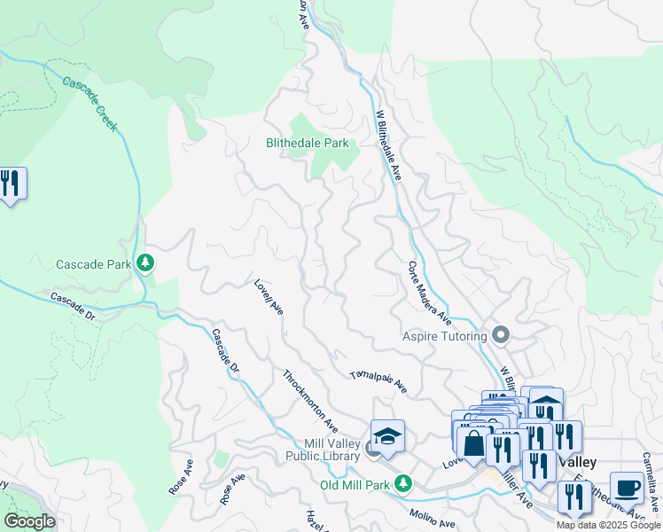 map of restaurants, bars, coffee shops, grocery stores, and more near 26 Ralston Avenue in Mill Valley