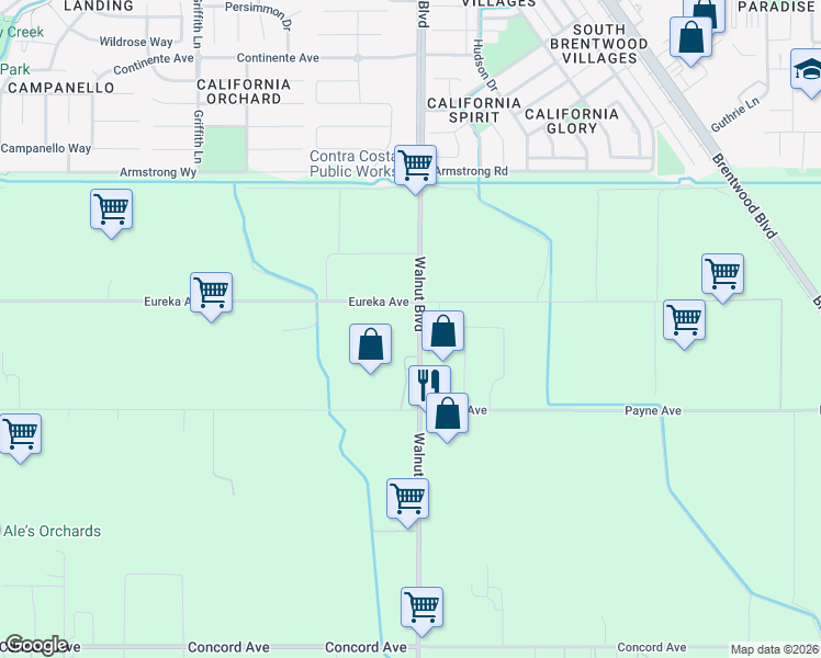 map of restaurants, bars, coffee shops, grocery stores, and more near 2661 Walnut Boulevard in Brentwood