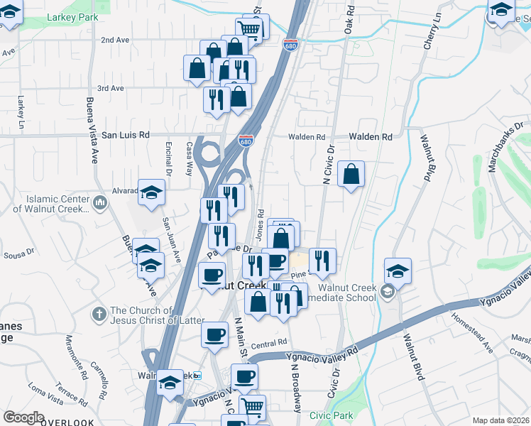 map of restaurants, bars, coffee shops, grocery stores, and more near 580 Churchill Downs Court in Walnut Creek