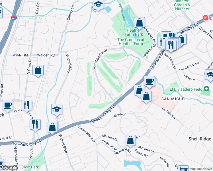map of restaurants, bars, coffee shops, grocery stores, and more near 1437 Marchbanks Drive in Walnut Creek