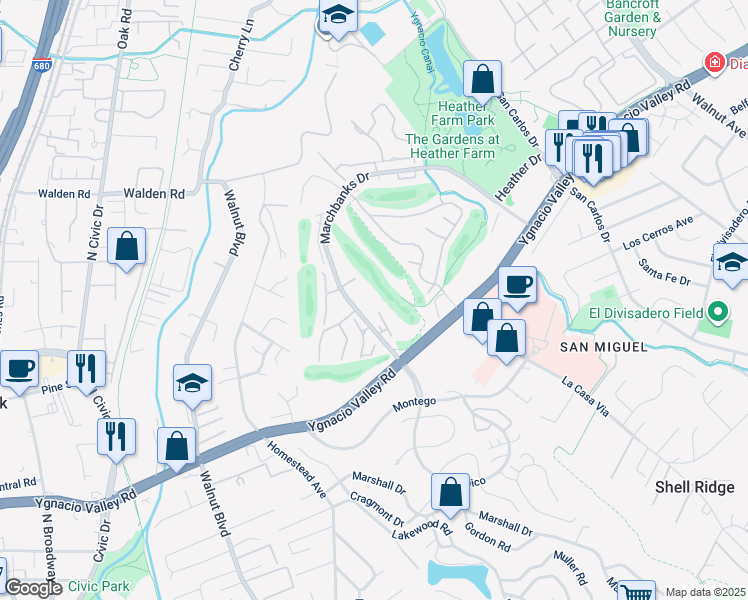 map of restaurants, bars, coffee shops, grocery stores, and more near 1441 Marchbanks Drive in Walnut Creek