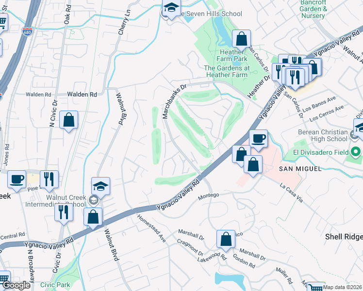 map of restaurants, bars, coffee shops, grocery stores, and more near 1469 Marchbanks Drive in Walnut Creek