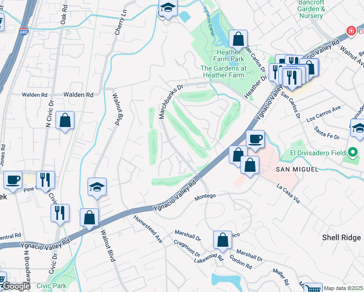 map of restaurants, bars, coffee shops, grocery stores, and more near 1437 Marchbanks Drive in Walnut Creek
