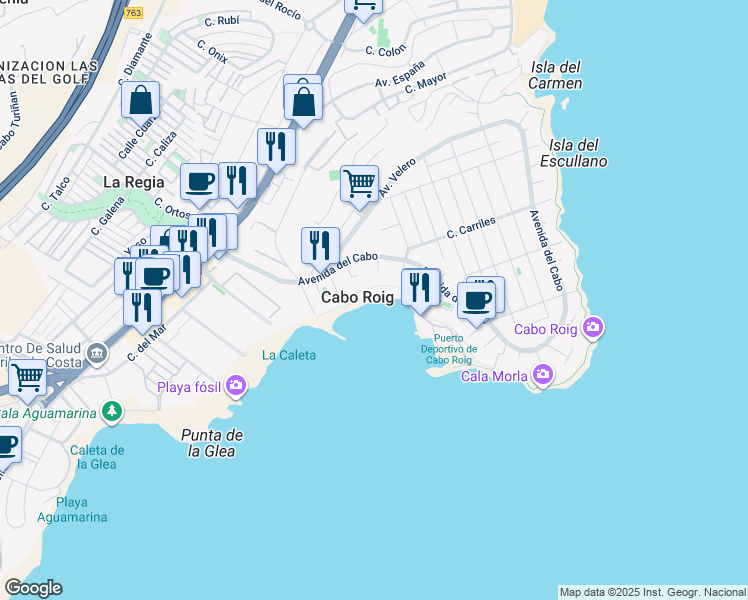 map of restaurants, bars, coffee shops, grocery stores, and more near in Cabo Roig