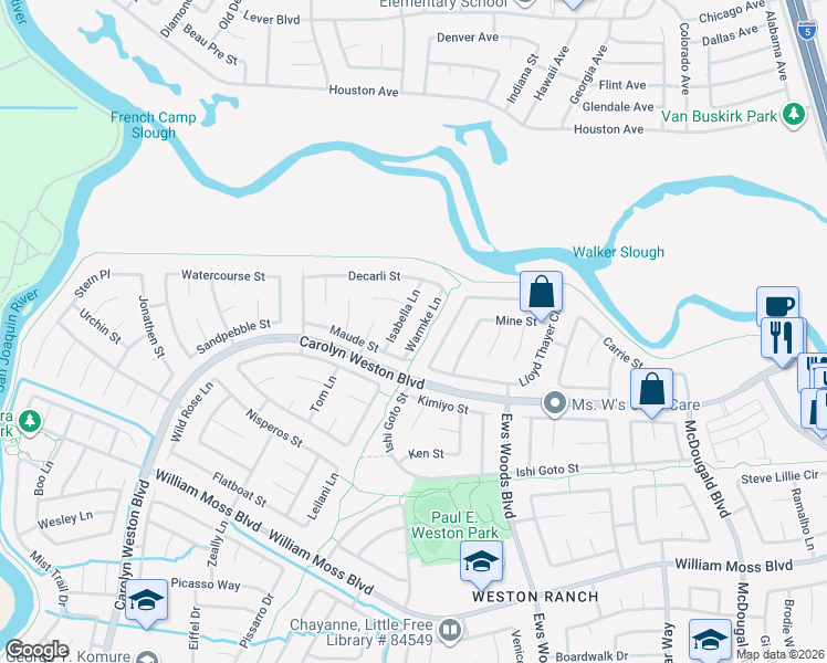 map of restaurants, bars, coffee shops, grocery stores, and more near 3301 Warmke Lane in Stockton