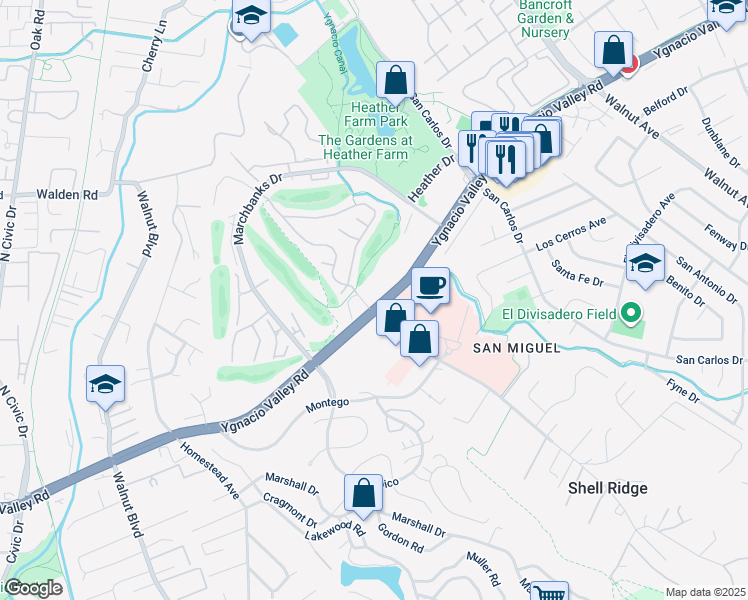 map of restaurants, bars, coffee shops, grocery stores, and more near 1618 Ygnacio Valley Road in Walnut Creek