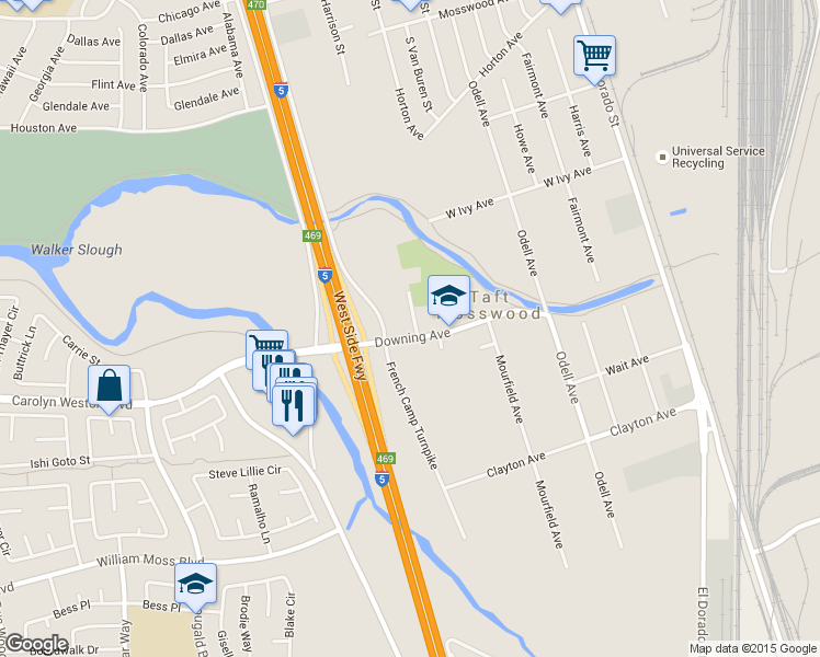 map of restaurants, bars, coffee shops, grocery stores, and more near 473 Downing Avenue in Stockton