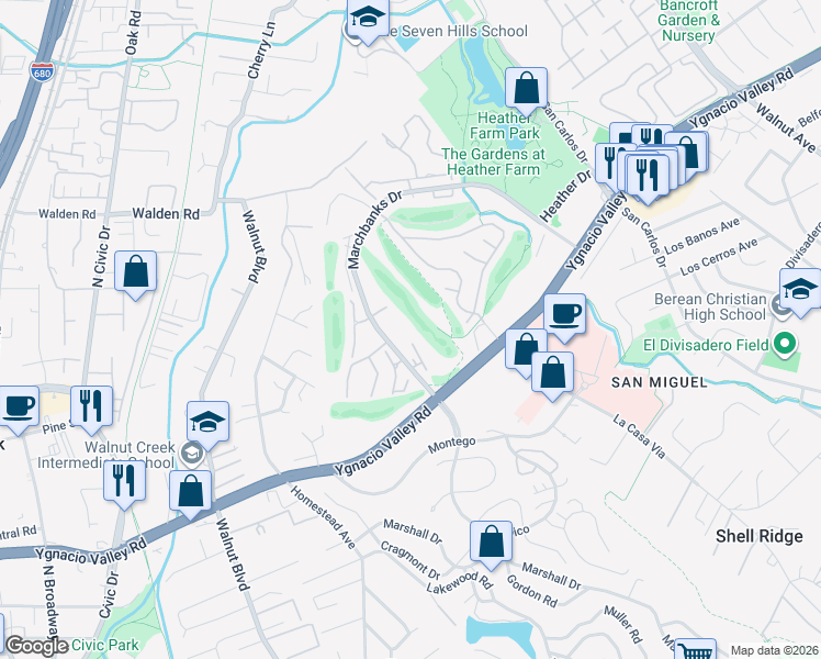 map of restaurants, bars, coffee shops, grocery stores, and more near 1447 Marchbanks Drive in Walnut Creek